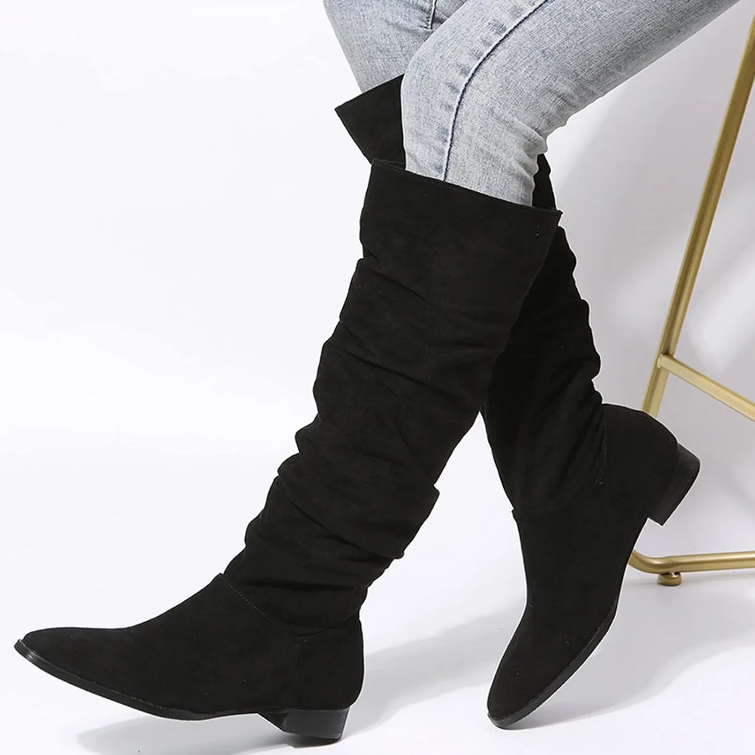 Ankle Boots For Women Suede Pleated Thigh High Boots Pull On Knee High Boots Mid Calf Bootie Winter Boots
