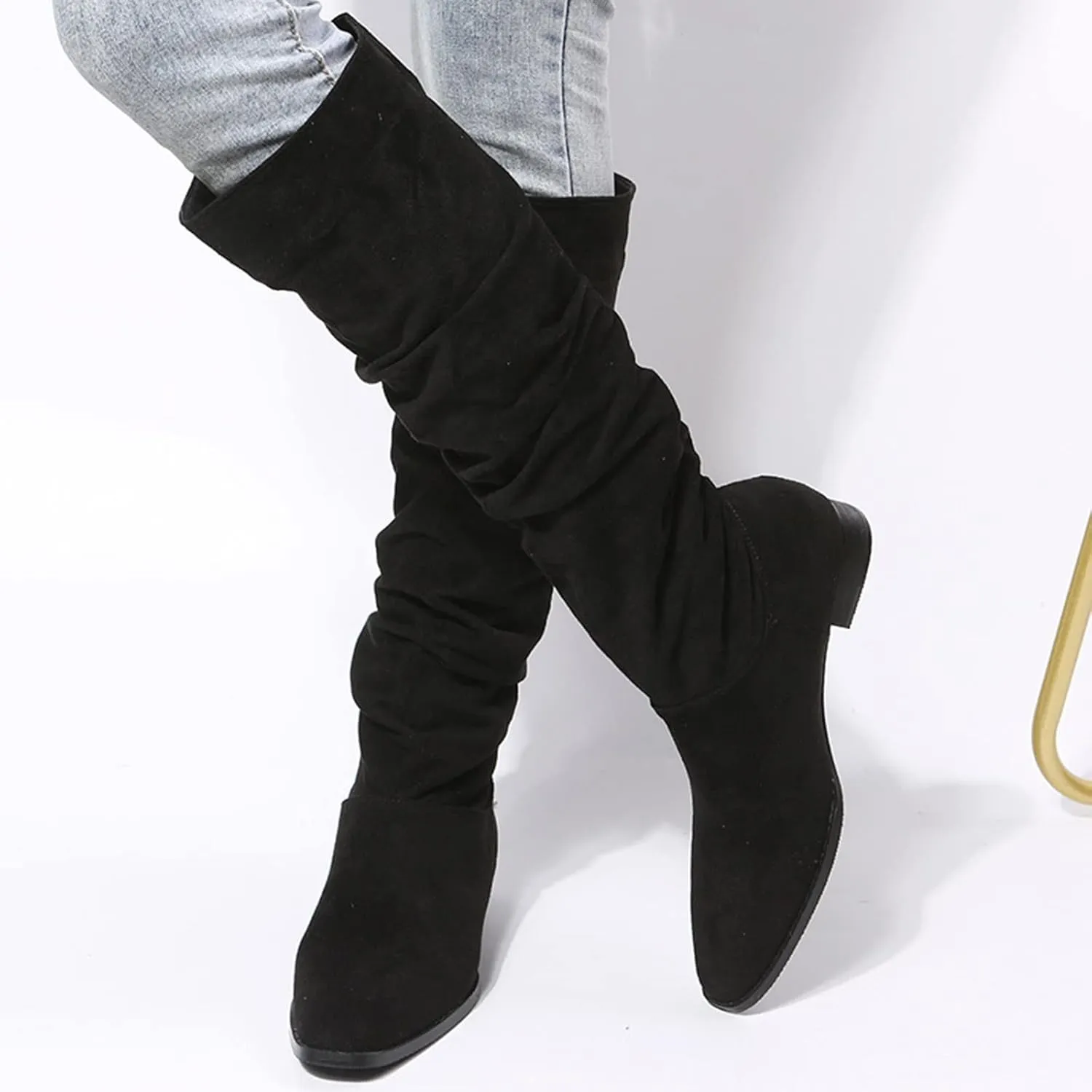 Ankle Boots For Women Suede Pleated Thigh High Boots Pull On Knee High Boots Mid Calf Bootie Winter Boots