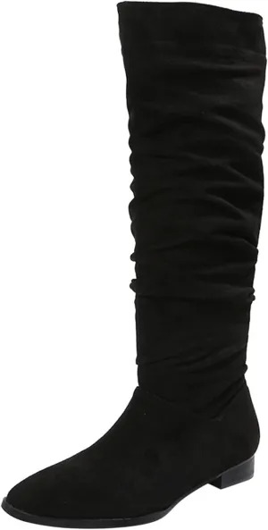 Ankle Boots For Women Suede Pleated Thigh High Boots Pull On Knee High Boots Mid Calf Bootie Winter Boots
