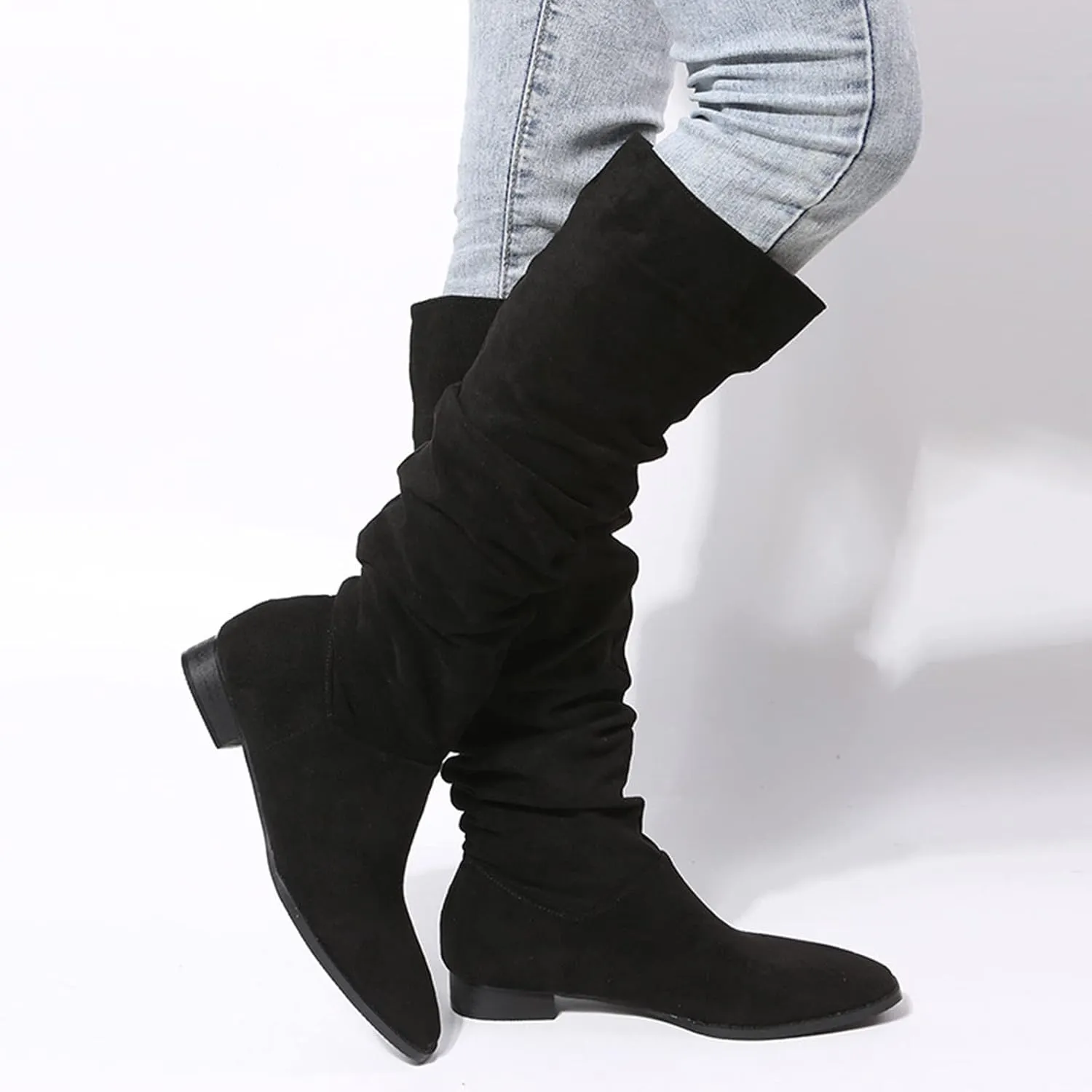Ankle Boots For Women Suede Pleated Thigh High Boots Pull On Knee High Boots Mid Calf Bootie Winter Boots