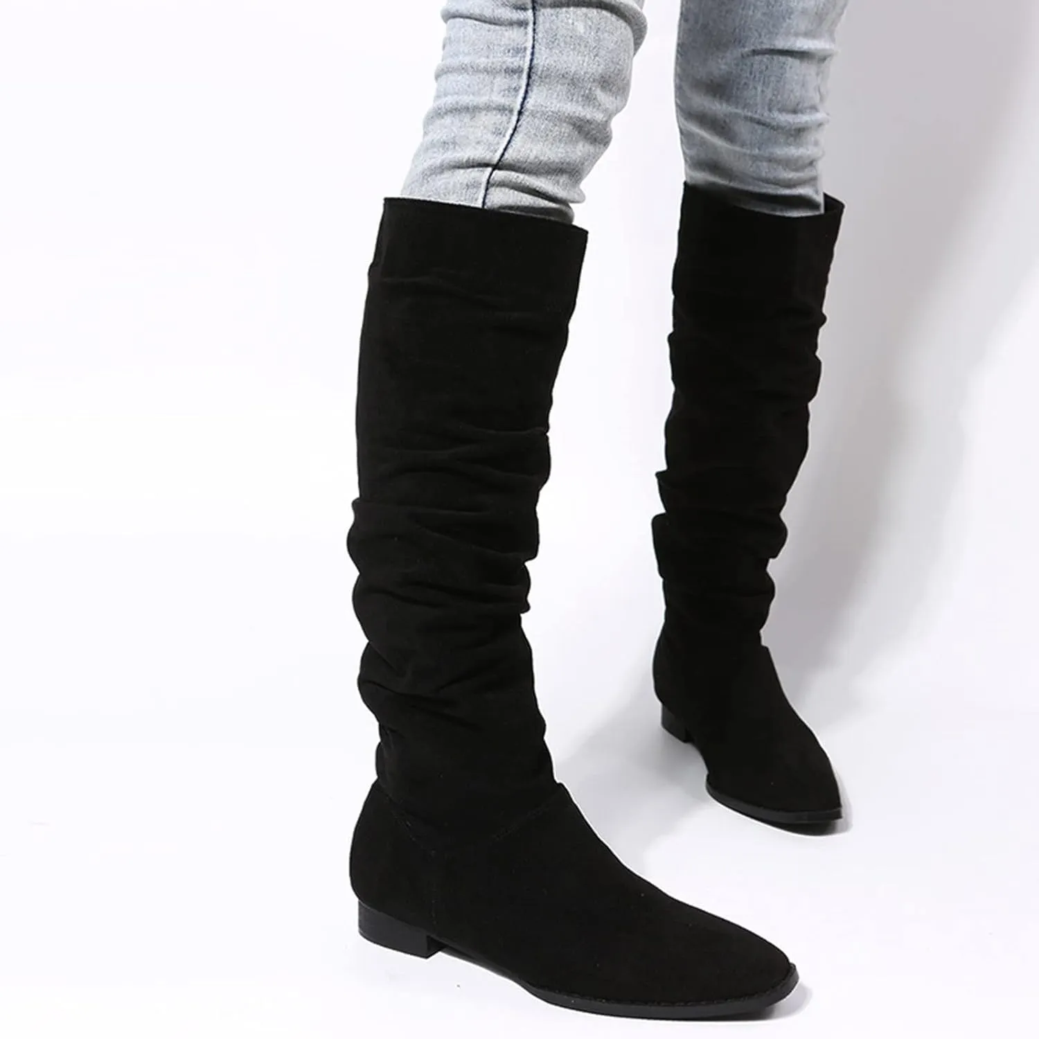 Ankle Boots For Women Suede Pleated Thigh High Boots Pull On Knee High Boots Mid Calf Bootie Winter Boots