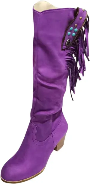 Boots For Women Casual Hot Pink Square Heel Thigh High Boots Tassel Knee High Boots Suede Tall Boots