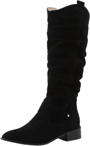 Boots For Women Retro Solid Color Thigh High Boots Pleated Suede Chunky Heeled Knee High Cowgirl Boots