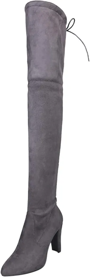 Combat Boots Womens High Chunky Heeled Over Knee Boots Zipper Pointed Suede Thigh High Boots Long Bootie