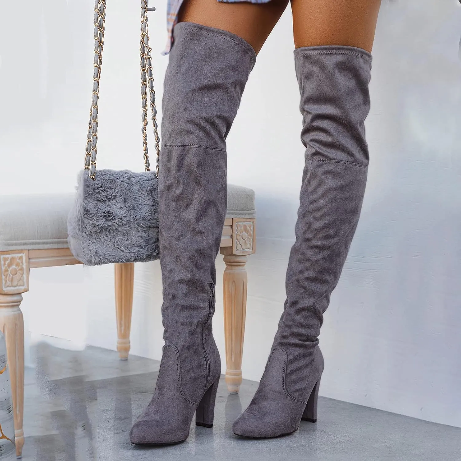 Combat Boots Womens High Chunky Heeled Over Knee Boots Zipper Pointed Suede Thigh High Boots Long Bootie