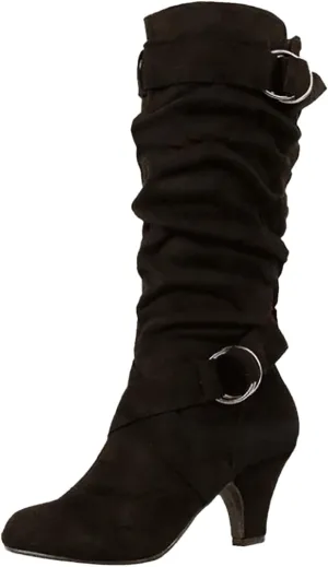 Combat Boots Womens Suede Cross Belt Thigh High Boots Low Heeled Pull On Knee High Boots Mid Calf Bootie
