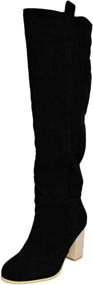Hiking Boots Women High Chunky Heeled Knee High Boots Pull On Pointed Suede Thigh High Boots Long Bootie
