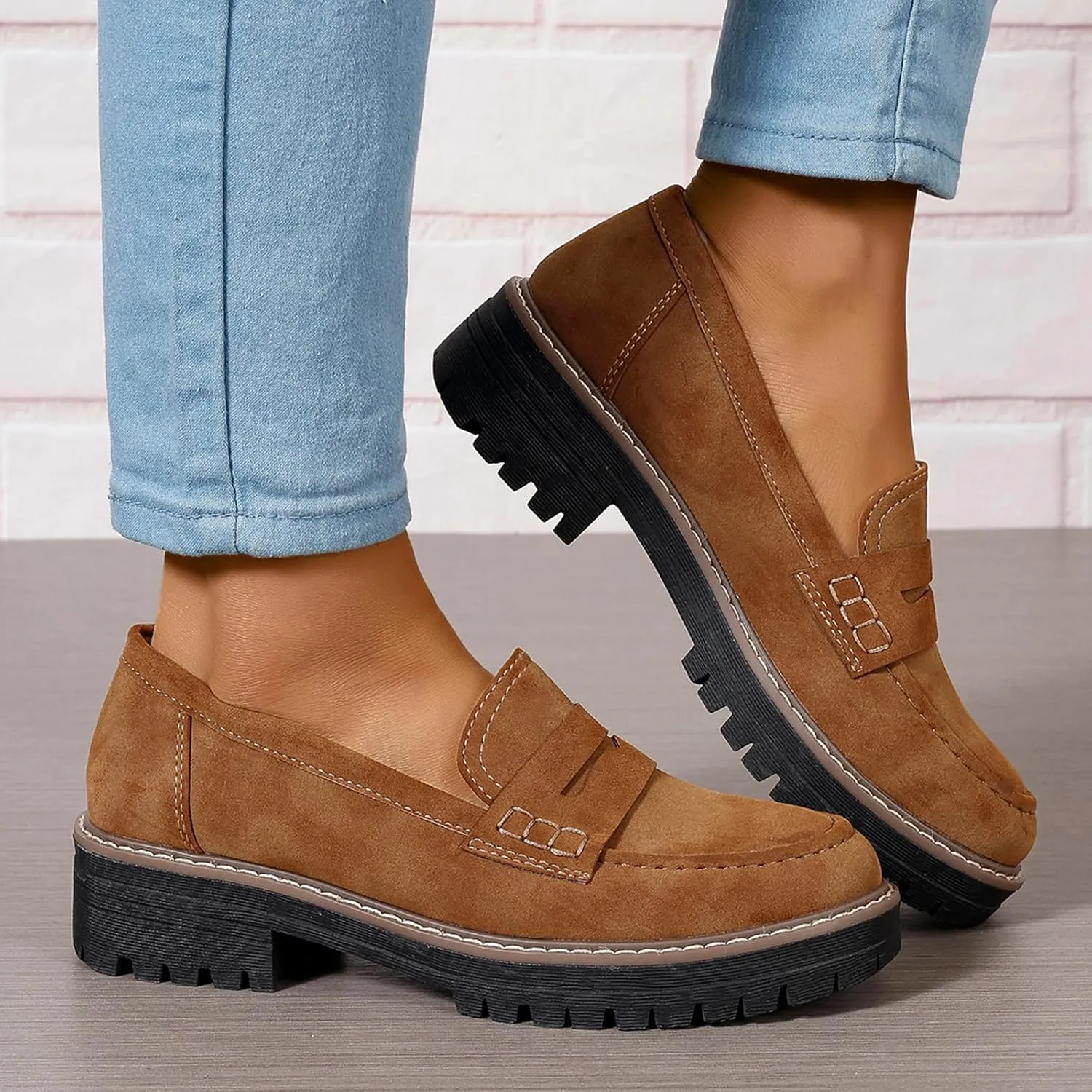 Womens Loafers Slip On Casual Chunky Platform Heel Loafers Classic Penny Dressy Comfy Business Work Shoes Green Beige Black Red US5-11