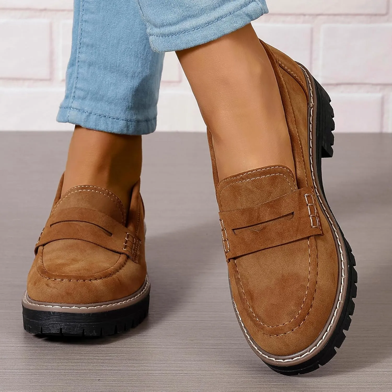 Womens Loafers Slip On Casual Chunky Platform Heel Loafers Classic Penny Dressy Comfy Business Work Shoes Green Beige Black Red US5-11
