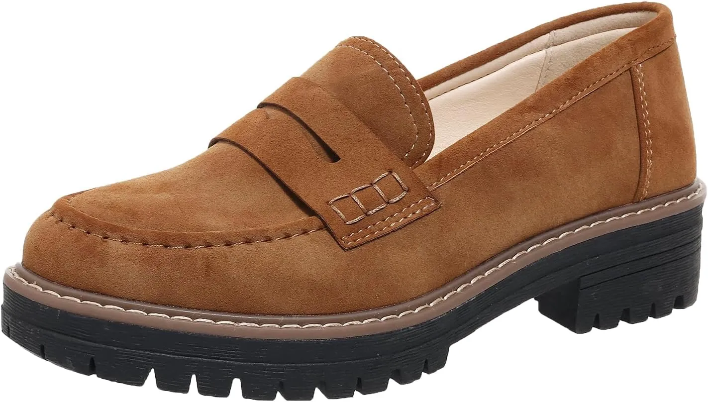Womens Loafers Slip On Casual Chunky Platform Heel Loafers Classic Penny Dressy Comfy Business Work Shoes Green Beige Black Red US5-11