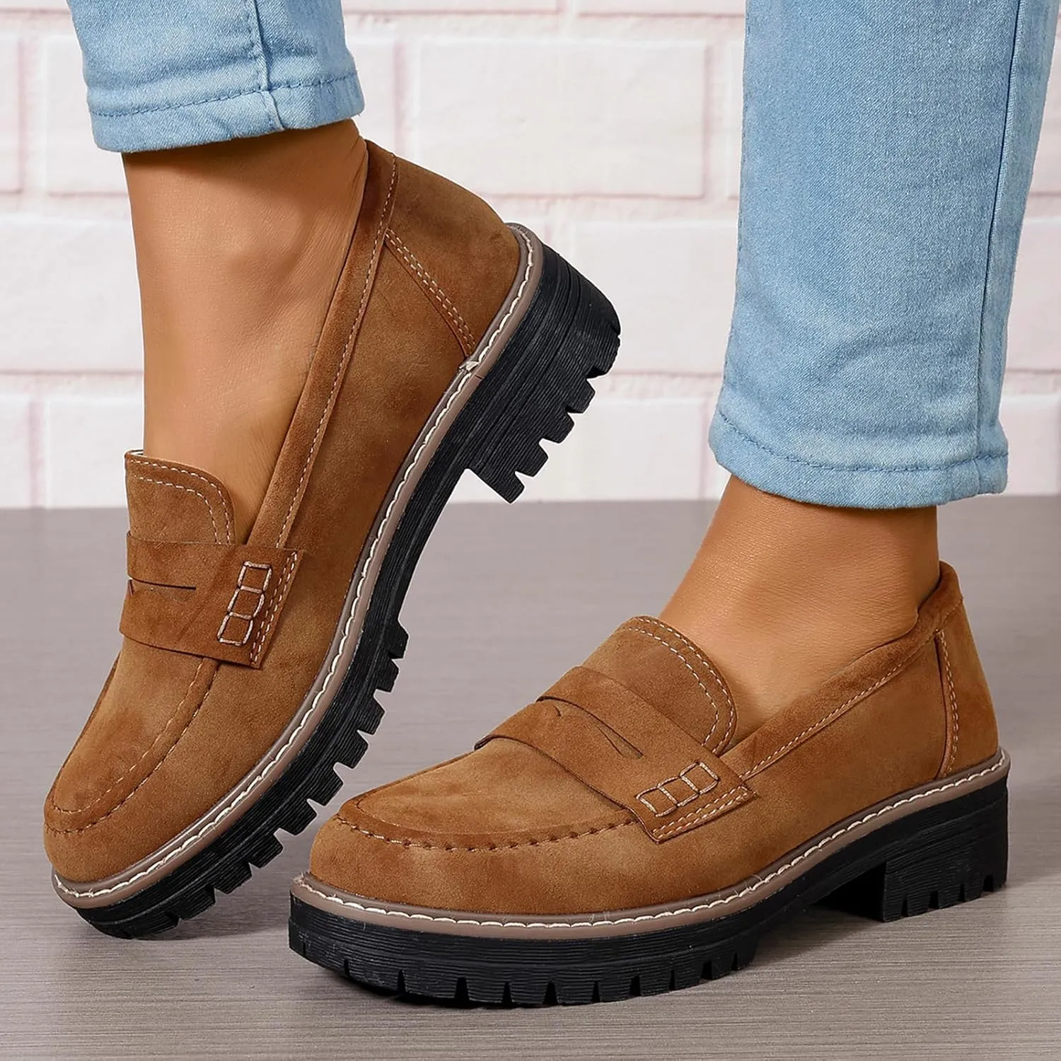 Womens Loafers Slip On Casual Chunky Platform Heel Loafers Classic Penny Dressy Comfy Business Work Shoes Green Beige Black Red US5-11