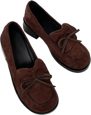Women's Pu Bow Chunky Heel Dress Loafers Classic Penny Square Head Block Heel Non-Slip Comfortable Business Work Shoes Elegant Walking Shoes