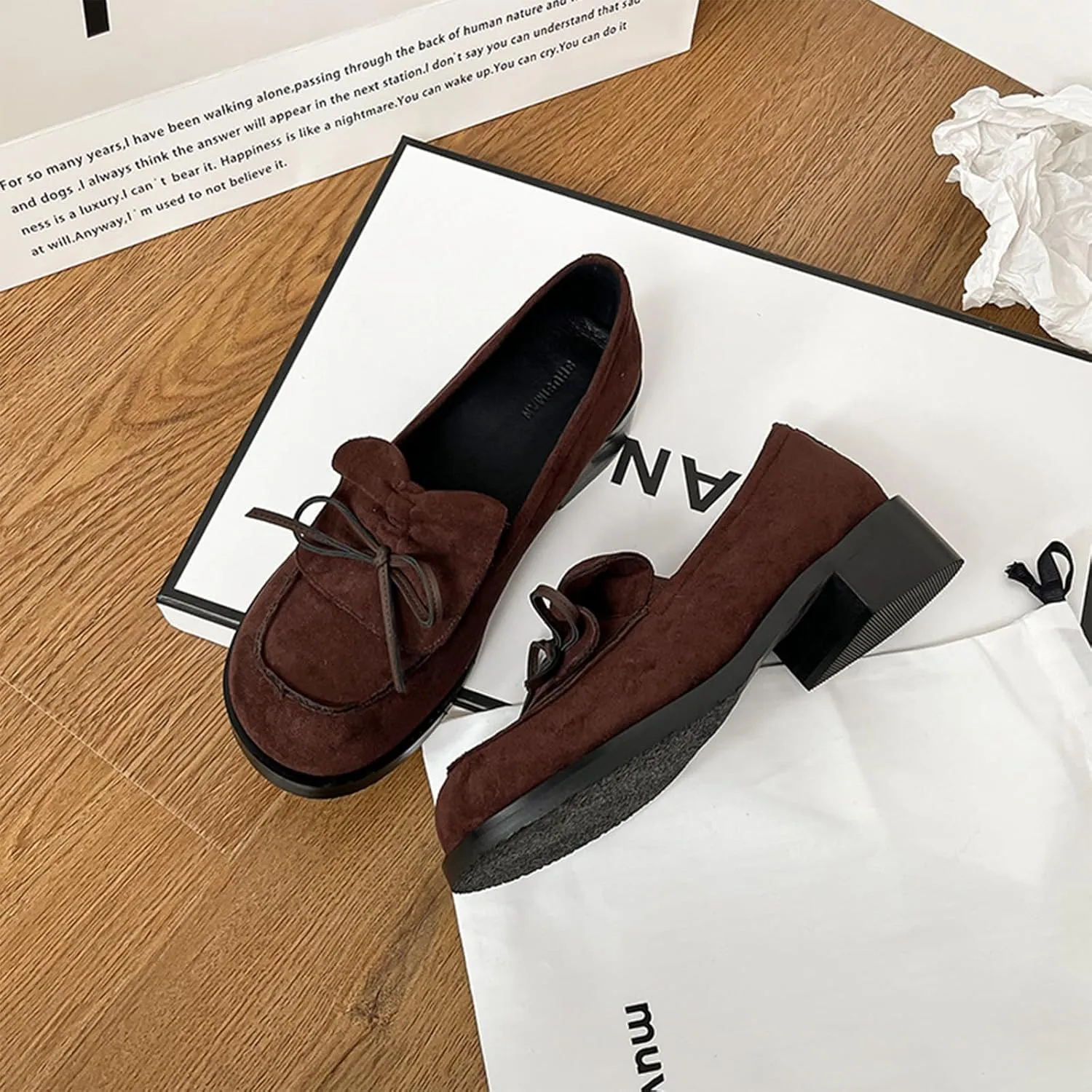 Women's Pu Bow Chunky Heel Dress Loafers Classic Penny Square Head Block Heel Non-Slip Comfortable Business Work Shoes Elegant Walking Shoes