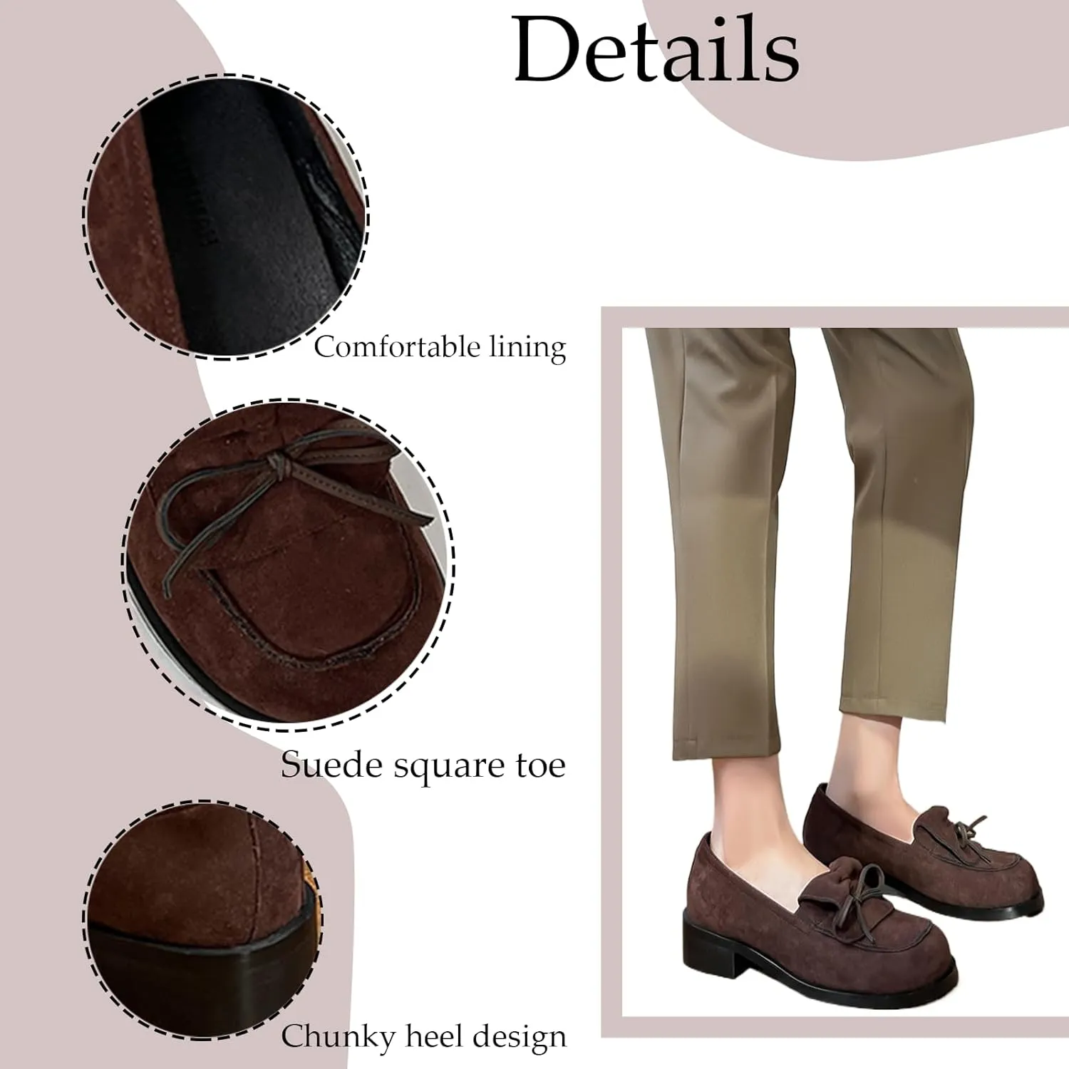 Women's Pu Bow Chunky Heel Dress Loafers Classic Penny Square Head Block Heel Non-Slip Comfortable Business Work Shoes Elegant Walking Shoes