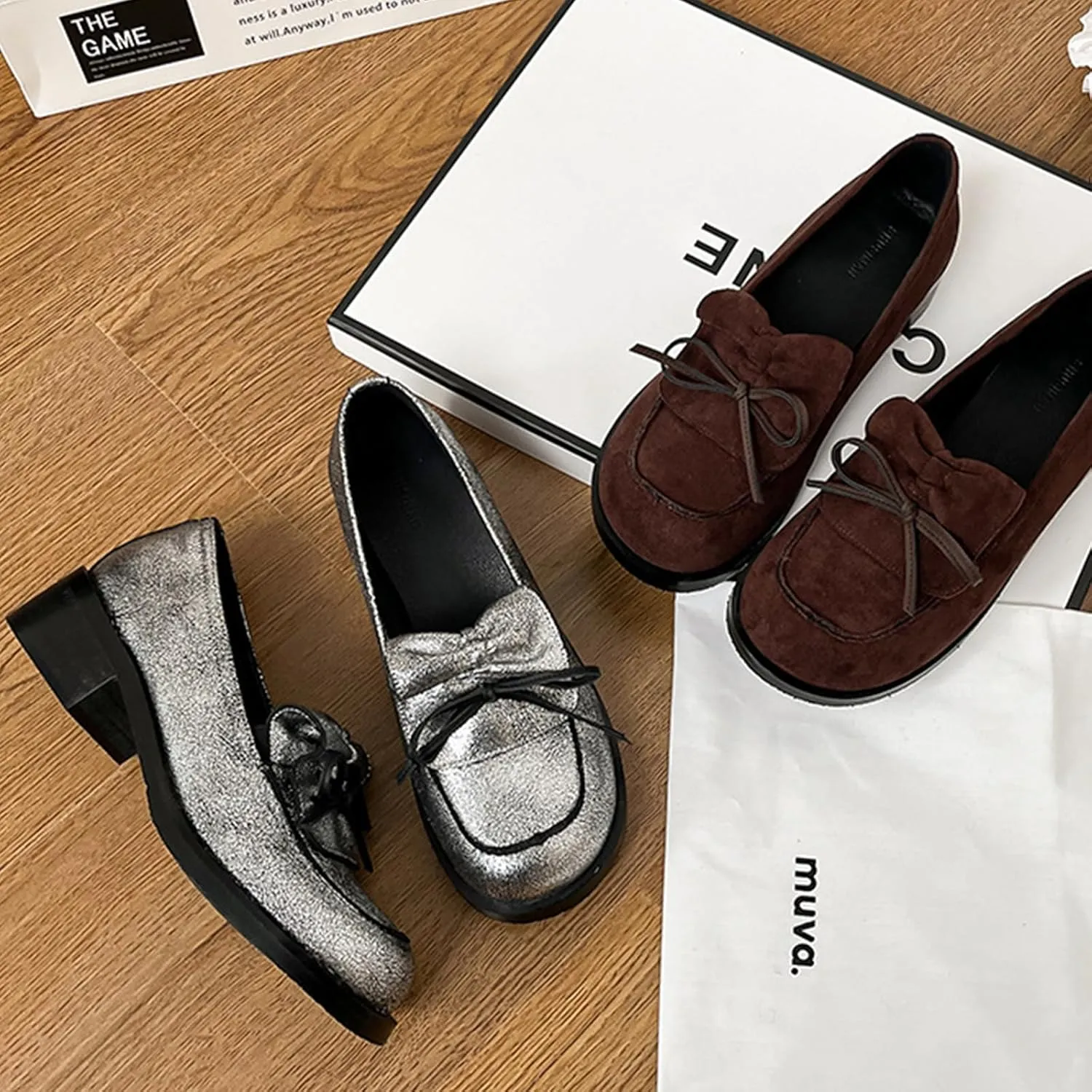 Women's Pu Bow Chunky Heel Dress Loafers Classic Penny Square Head Block Heel Non-Slip Comfortable Business Work Shoes Elegant Walking Shoes