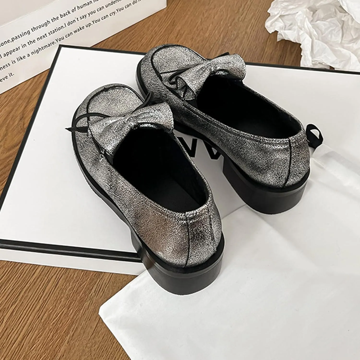 Women's Pu Bow Chunky Heel Dress Loafers Classic Penny Square Head Block Heel Non-Slip Comfortable Business Work Shoes Elegant Walking Shoes