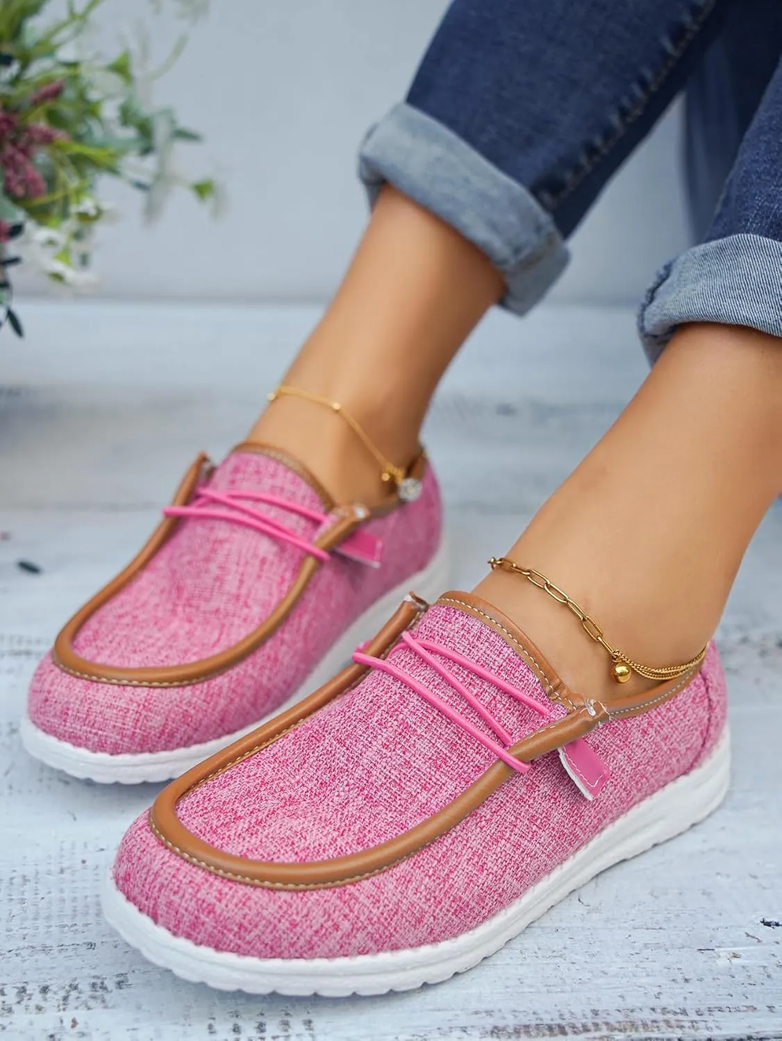 Women's Solid Comfortable Lace-up Loafers Orthopedic Ultralight Canvas Boat Casual Shoes with Arch Support Lightweight Slip On Sneakers