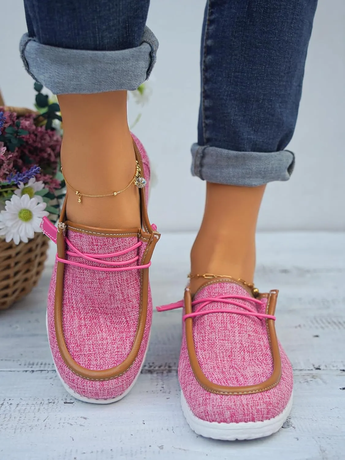 Women's Solid Comfortable Lace-up Loafers Orthopedic Ultralight Canvas Boat Casual Shoes with Arch Support Lightweight Slip On Sneakers