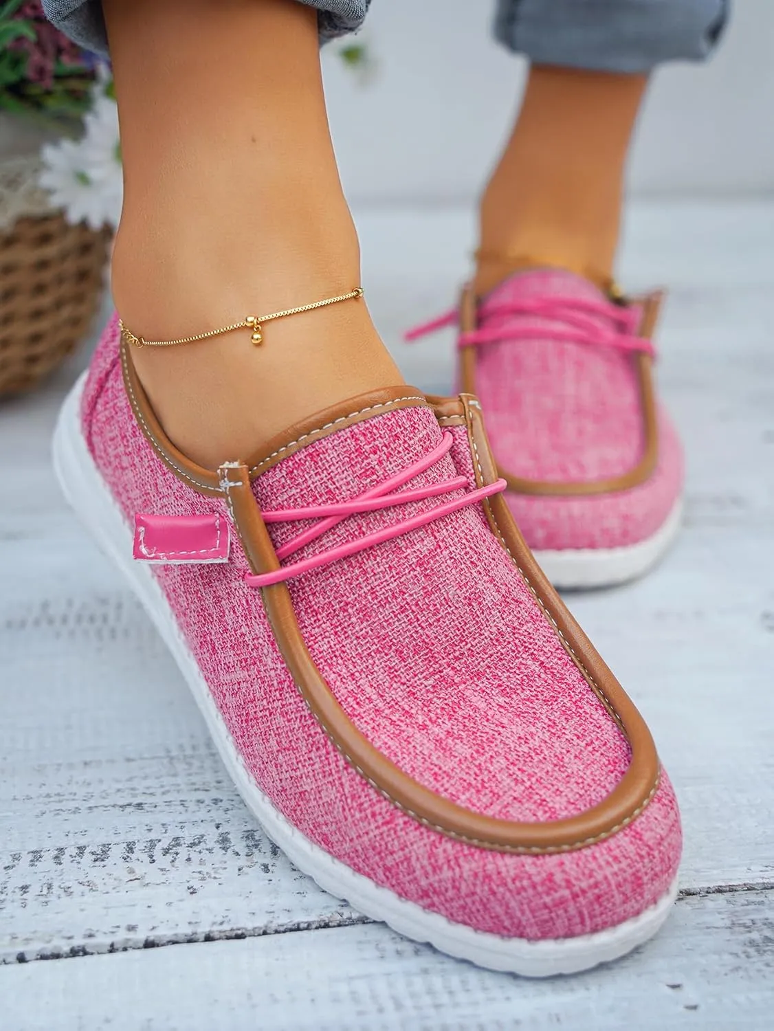 Women's Solid Comfortable Lace-up Loafers Orthopedic Ultralight Canvas Boat Casual Shoes with Arch Support Lightweight Slip On Sneakers