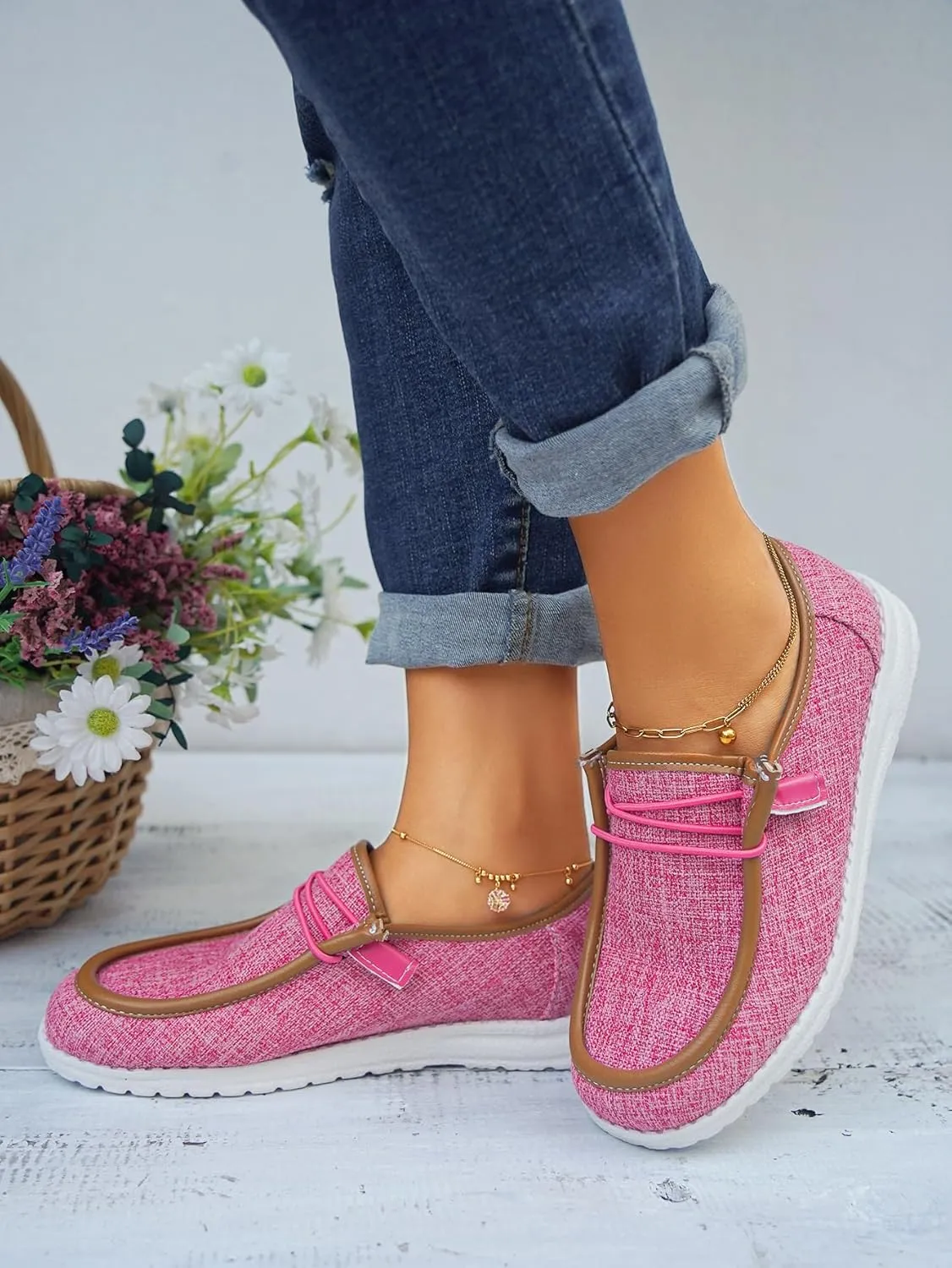 Women's Solid Comfortable Lace-up Loafers Orthopedic Ultralight Canvas Boat Casual Shoes with Arch Support Lightweight Slip On Sneakers