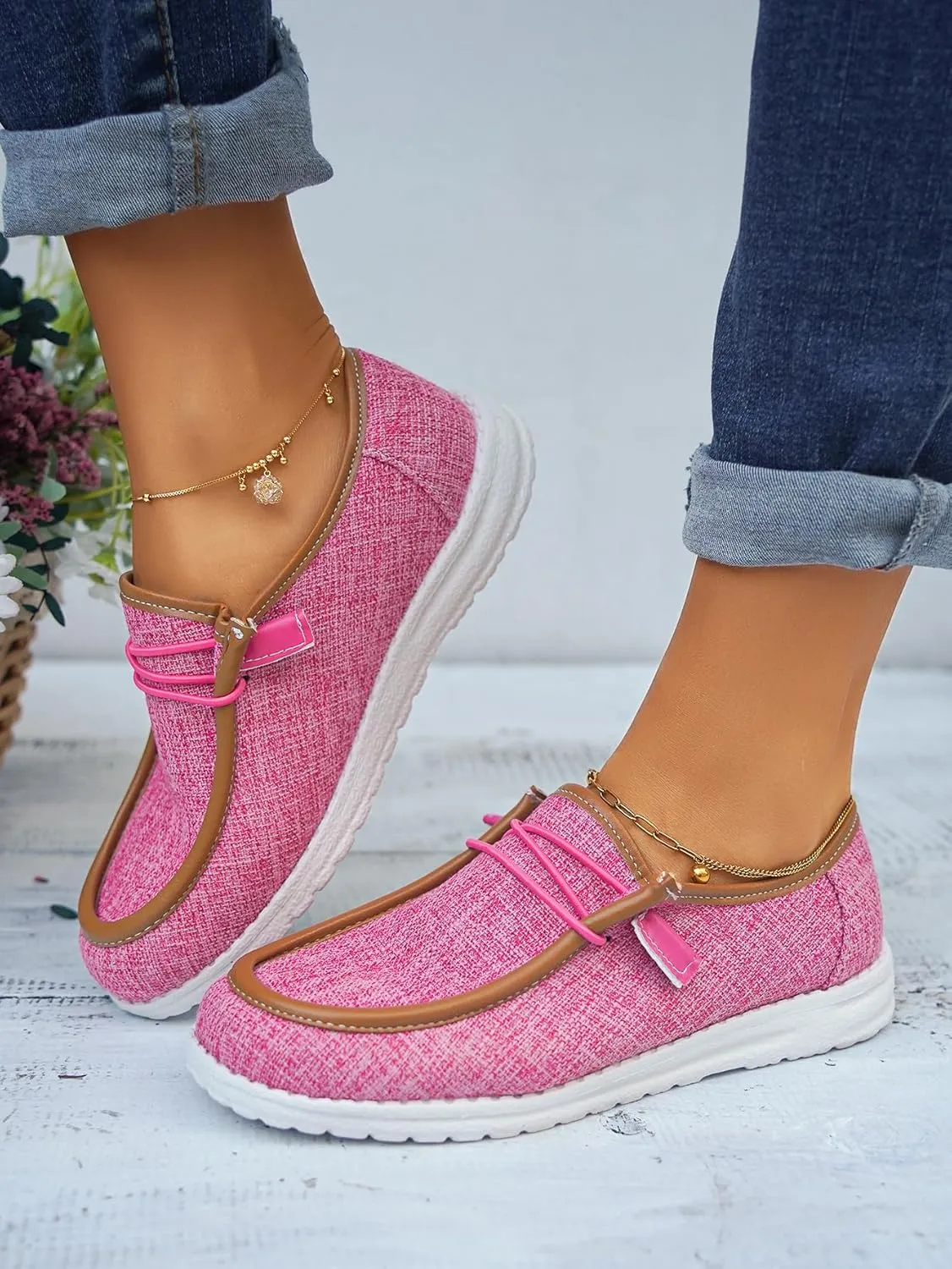 Women's Solid Comfortable Lace-up Loafers Orthopedic Ultralight Canvas Boat Casual Shoes with Arch Support Lightweight Slip On Sneakers