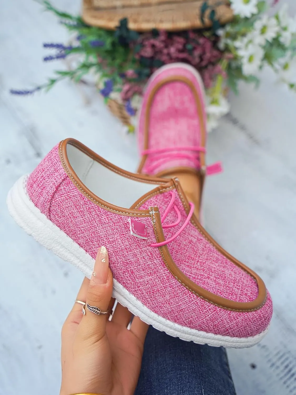 Women's Solid Comfortable Lace-up Loafers Orthopedic Ultralight Canvas Boat Casual Shoes with Arch Support Lightweight Slip On Sneakers